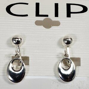 Women's Stunning Polished Silver tone Oval Hoop Clip-on Drop Earrings, 1-inch